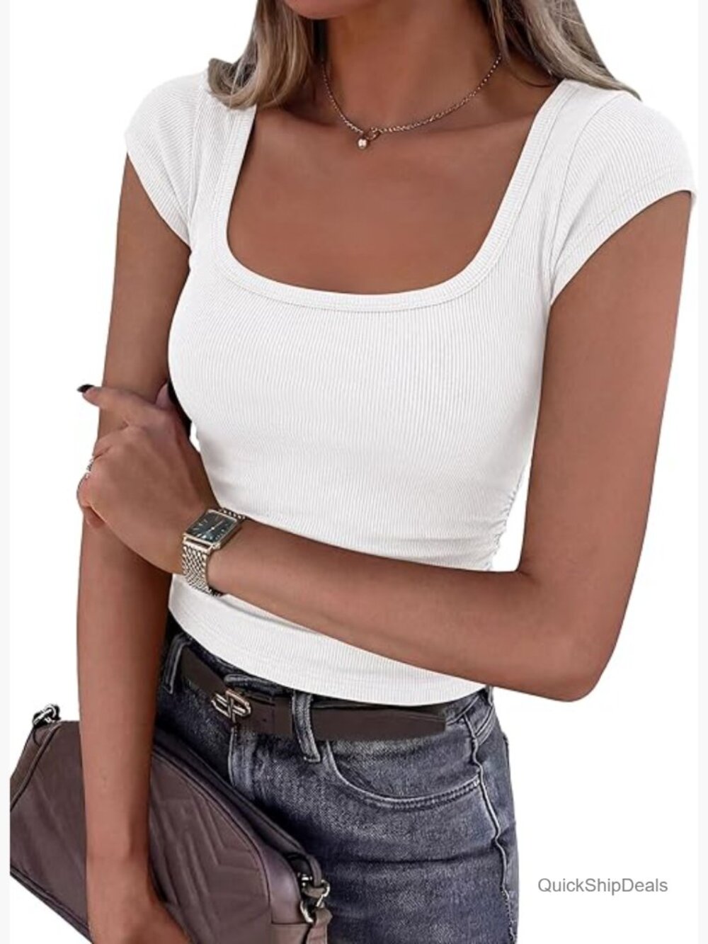 Square Neck Cap Sleeve T-Shirt Ribbed Knit Slim Fit Going Out Top